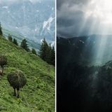 Bauern tragen riesige Heuballen auf dem Rücken, doch er Sonnenuntergang entlohnt für die harte Arbeit