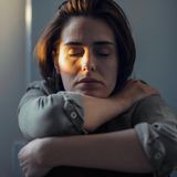 Eine Frau kniet mit geschlossenen Augen auf dem Boden.