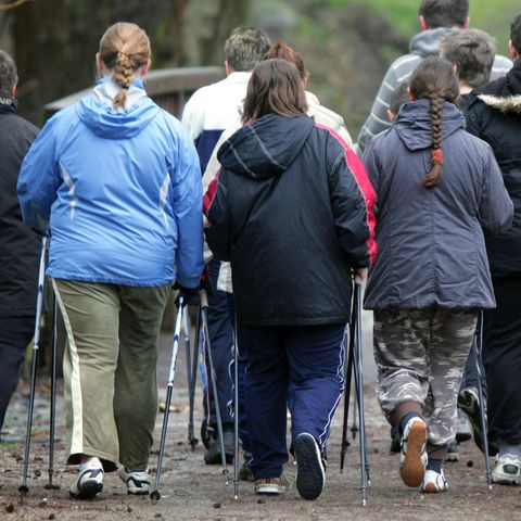 Übergewichtige Kinder laufen durch den Wald