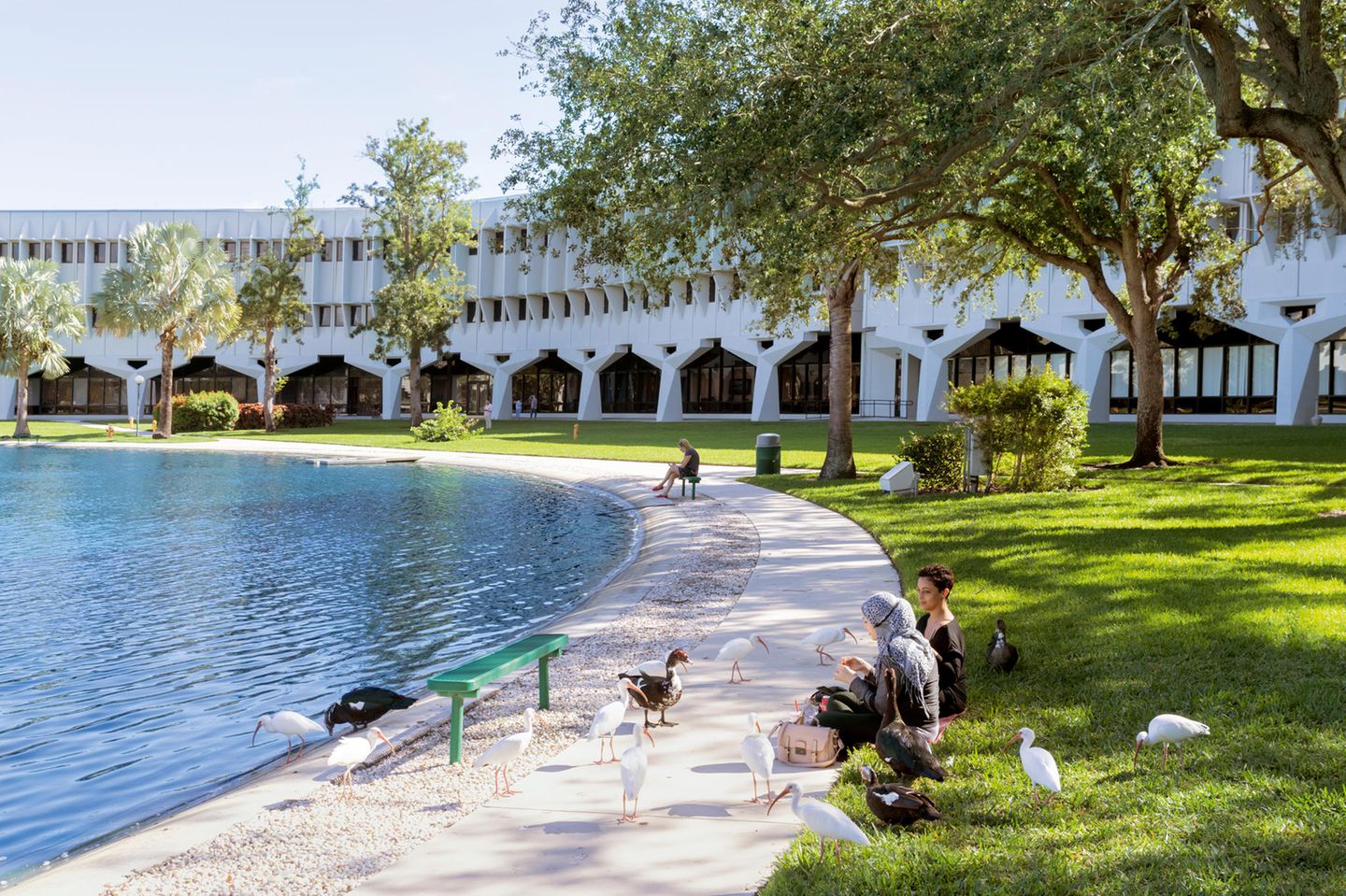 Sitz des IT- und Beratungsunternehmens IM in Boca, Florida. Das Herzstück des Quartiers in Boca, Florida, bildet ein sechseckiger Hof mit einem künstlich angelegten See in der Mitte. Eine geometrische Pfeilerkonstruktion ist das Kennzeichen des Y-förmigen Baus. Diese Form der Erdgeschoss-Gestaltung ist das Markenzeichen des verantwortlichen Architekten Marcel Breuer. Die Grünflächen rund um den Komplex sollen den Mitarbeitern Platz zur Erholung bieten. 