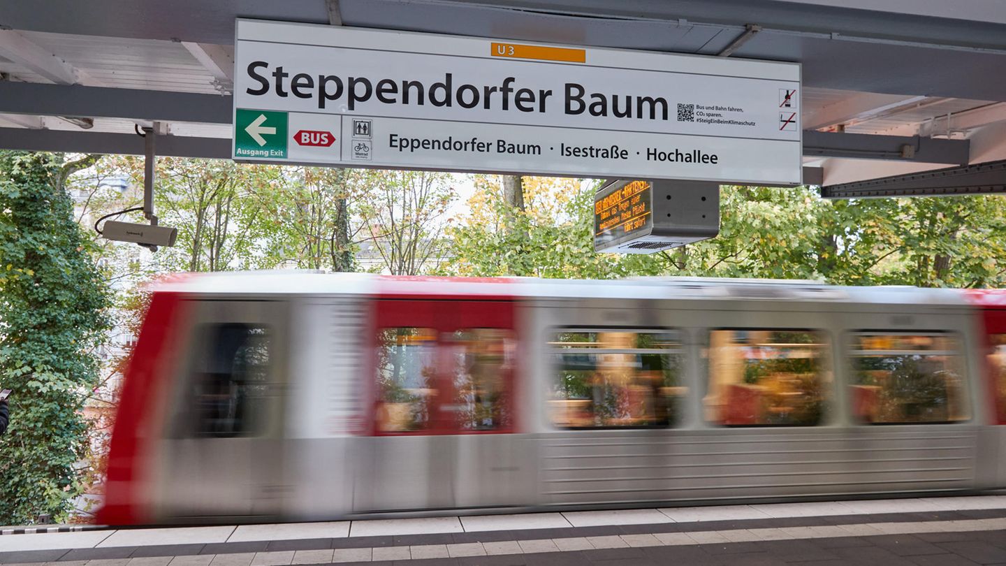Überklebtes Schild an einer Hamburger U-Bahn-Haltestelle, auf dem "Steppendorfer Baum" steht