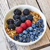 Birchermüsli      GRANOLA  • 10 g Weizenvollkornflocken  • 10 g Gerstenvollkornflocken  • 10 g Roggenvollkornflocken  • 10 g glutenfreie Haferflocken  • 100 g Leinsaat  • 100 g Sonnenblumenkerne  • 100 g gepoppter Amaranth  • 100 g gepoppter Buchweizen  • 100 g Honig  • 50 ml Olivenöl  • 40 g Muscovado-Zucker      BIRCHERMÜSLI  • 40 g Quinoa  • 110 g glutenfreie Haferflocken  • 25 g Haselnussgrieß  • 100 ml Mandelmilch  • 200 g laktosefreier Naturjoghurt  • 2 TL Honig  • Zimt  • Zitronenabrieb  • (laktosefreie) Sahne      ZUM ANRICHTEN  • Apfelstücke  • Blaubeeren  • Himbeeren  • Gojibeeren  • Granola  (siehe Teilrezept)      GRANOLA  Alle Zutaten miteinander mischen und bei 180 °C Umluft im Backofen rösten. Nach 5 Minuten gut durchmischen und den Vorgang so lange wiederholen, bis das Granola eine goldgelbe Färbung angenommen hat.  BIRCHERMÜSLI  Quinoa, Haferflocken, Haselnussgrieß, Mandelmilch, den Joghurt sowie Honig, Zimt und Zitronenabrieb in eine Schüssel geben und über Nacht einweichen, am nächsten Tag geschlagene, auf Wunsch laktosefreie Sahne unterheben, mit Honig abschmecken.  ANRICHTEN  Das Birchermüsli mit frischen Früchten, zum Beispiel mit Apfelstü- cken, Blaubeeren, Himbeeren, Gojibeeren, sowie Granola ausgarnieren.