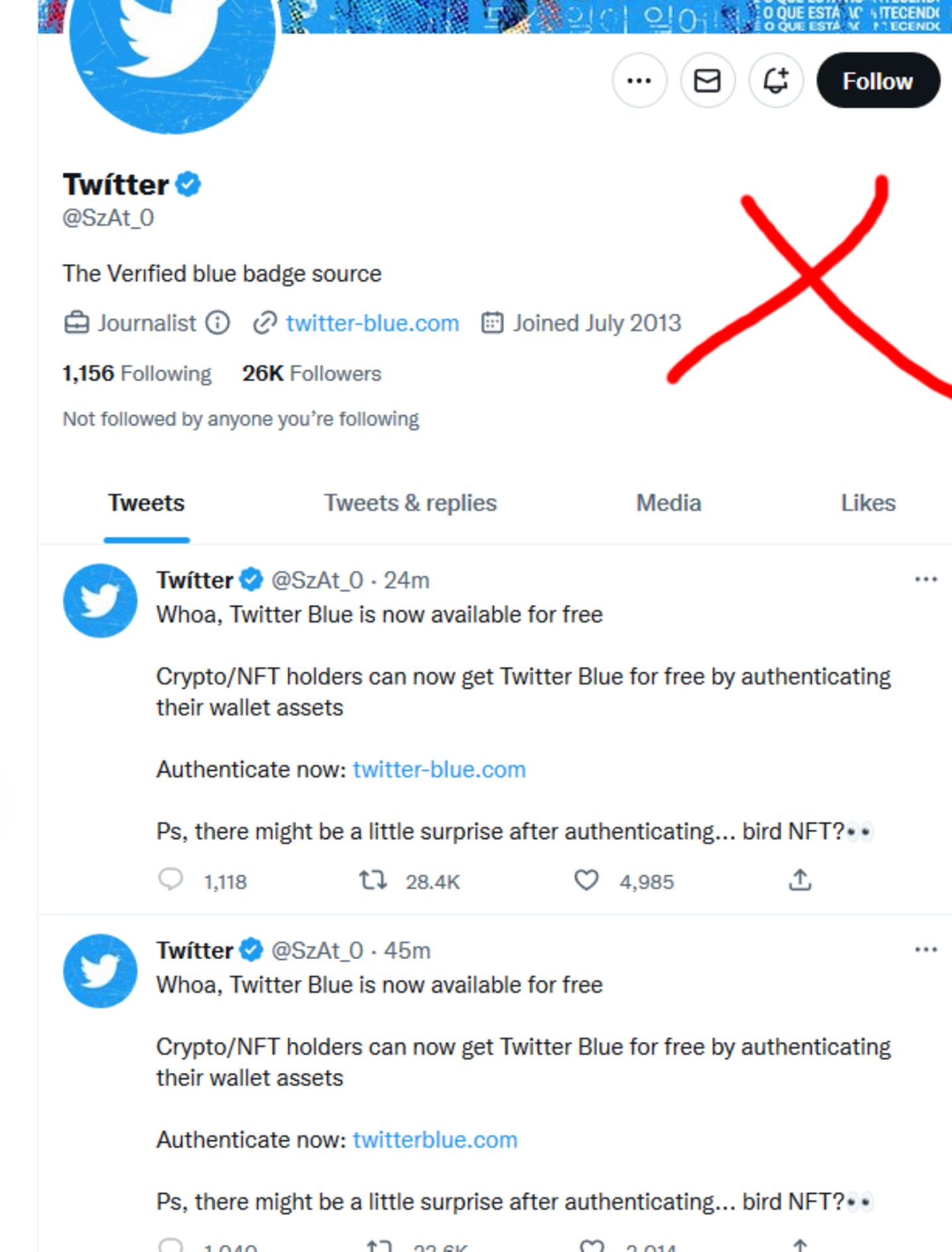 Twitter selbst hat es ebenfalls erwischt. Ein gefakter Account verschenkt angeblich Zugänge zu "Twitter Blue" und sammelt damit eine große Zahl an Likes und Retweets ein.