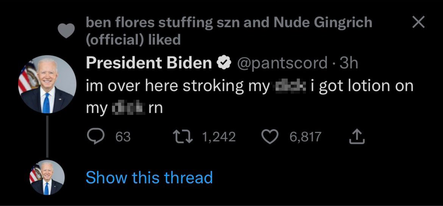 US-Präsident Biden soll angeblich Obszönitäten auf Twitter geteilt haben. Auch hier weist (neben dem Inhalt) nur das Handle auf den falschen Biden hin.