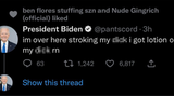 US-Präsident Biden soll angeblich Obszönitäten auf Twitter geteilt haben. Auch hier weist (neben dem Inhalt) nur das Handle auf den falschen Biden hin.