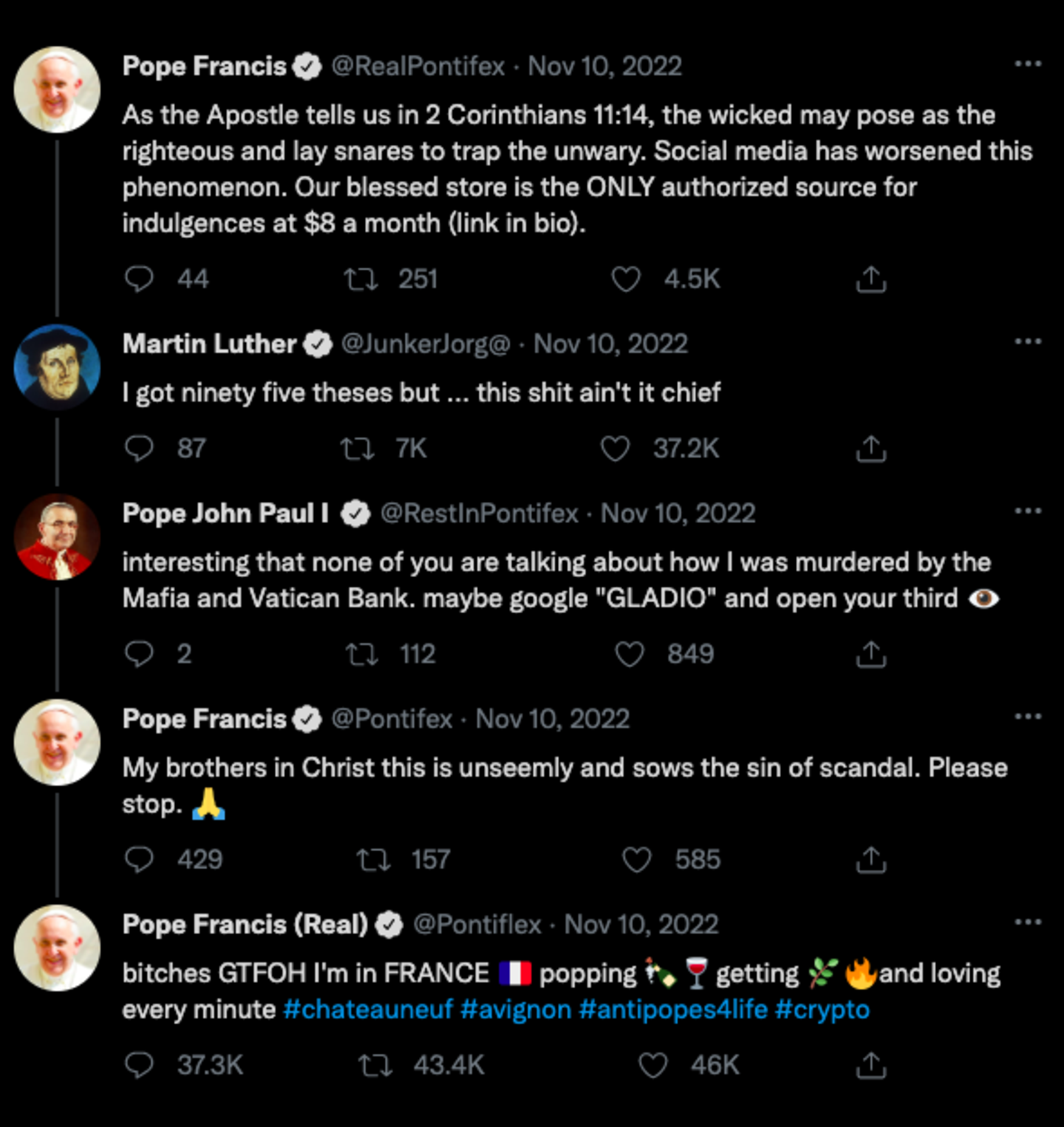 Hier unterhalten sich der Papst und Martin Luther. Alle Accounts sind natürlich gefälscht.