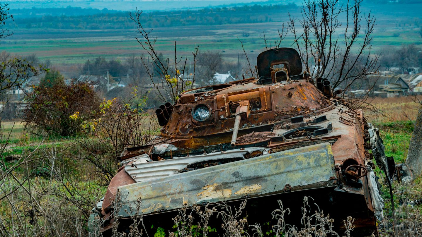 A destroyed Russian tank stands on the outskirts of Ivanivka in Kherson province