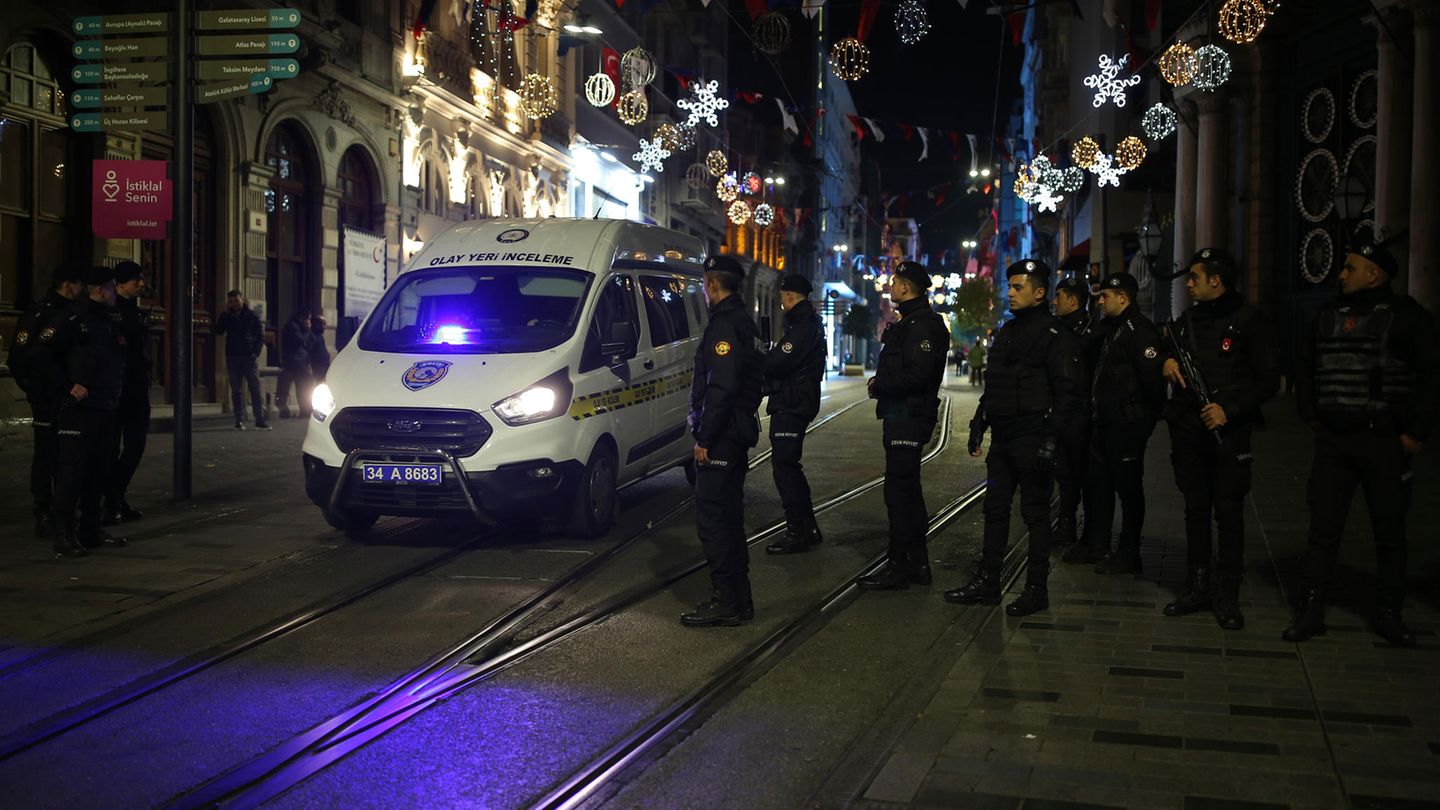 Security forces and an ambulance at the scene of an explosion on the popular Istiklal pedestrian street
