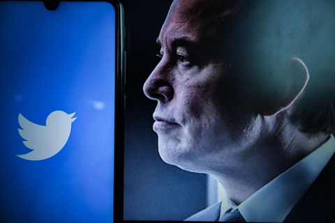 Elon Musk schaut dem Twitter-Symbol entgegen