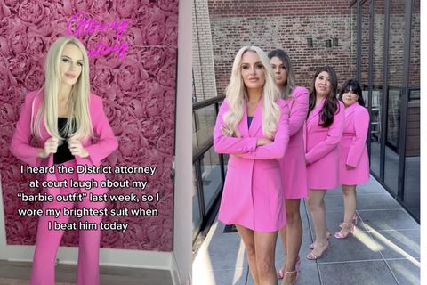 Zwei nebeneinander montierte Instagramscreenshots, rechts eine blonde Frau im pinken Anzug, links vier Frauen in pinken Kleidern