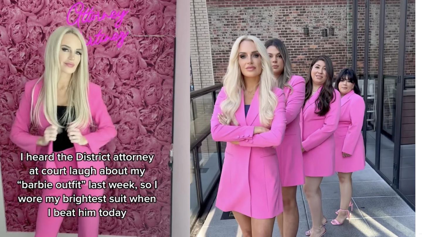 Zwei nebeneinander montierte Instagramscreenshots, rechts eine blonde Frau im pinken Anzug, links vier Frauen in pinken Kleidern