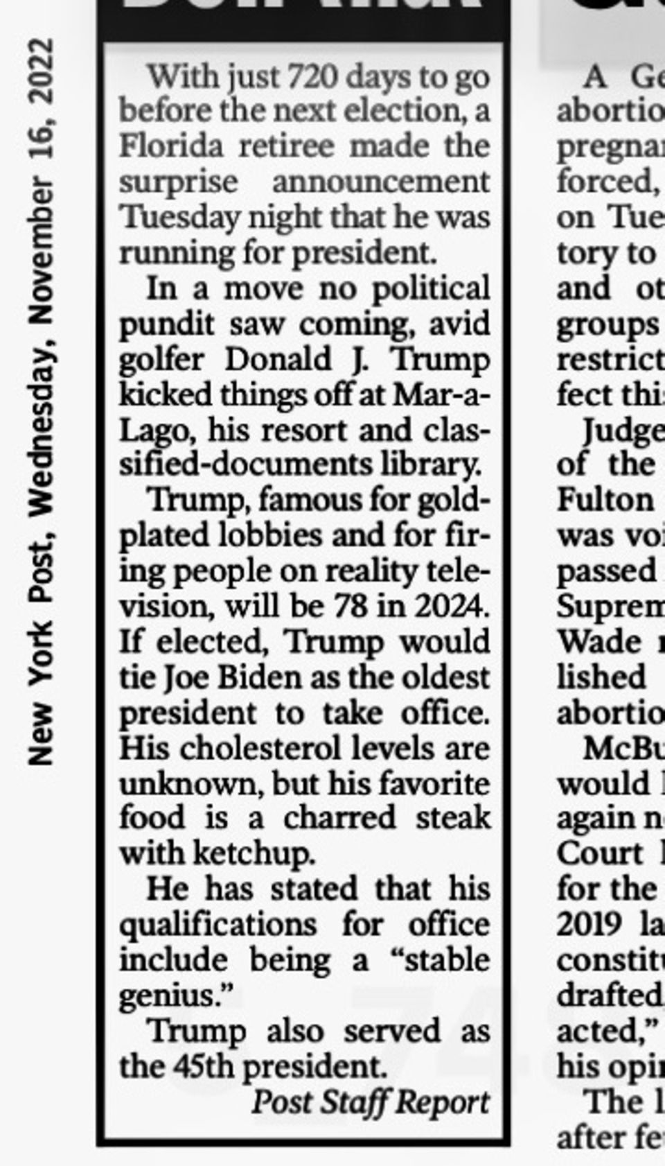 Donald Trump: "New York Post" verspottet Kandidatur Randnotiz auf Seite 26