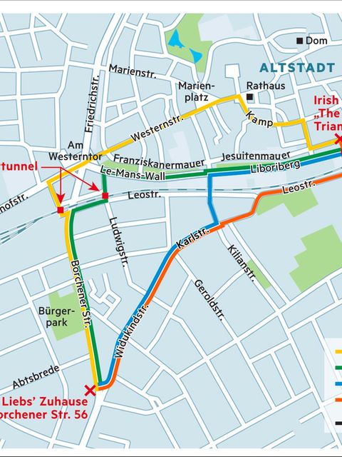 Karte mit Fraukes möglichen Wegen