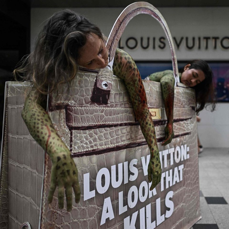Kuala Lumpur, Malaysia. Tierschutzaktivisten haben sich als Python verkleidet in einer Louis Vuitton-Tasche vor dem gleichnamigen Geschäft positioniert, um gegen die Verwendung von Schlangen für die teuren Handtaschen zu protestieren.