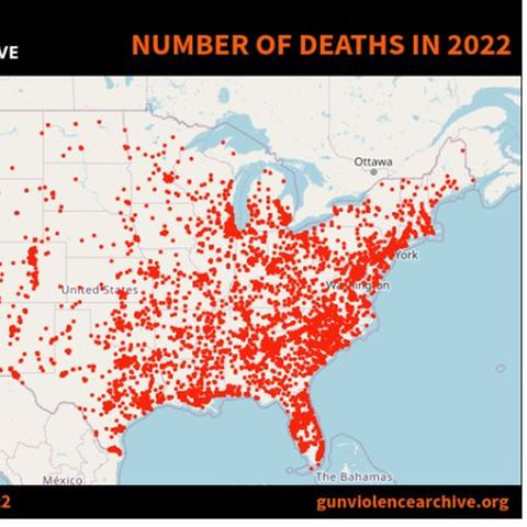 Eine Karte der USA zeigt mit roten Punkten die Gewalt mit Waffen