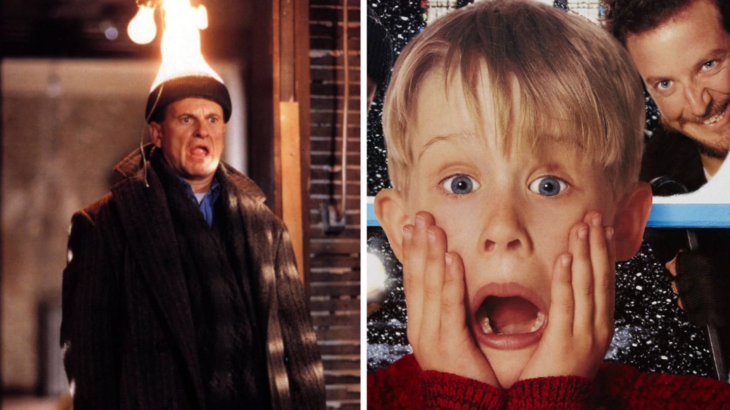 Joe Pesci mit brennendem Kopf neben einem Plakat von  "Kevin – Allein zu Haus"