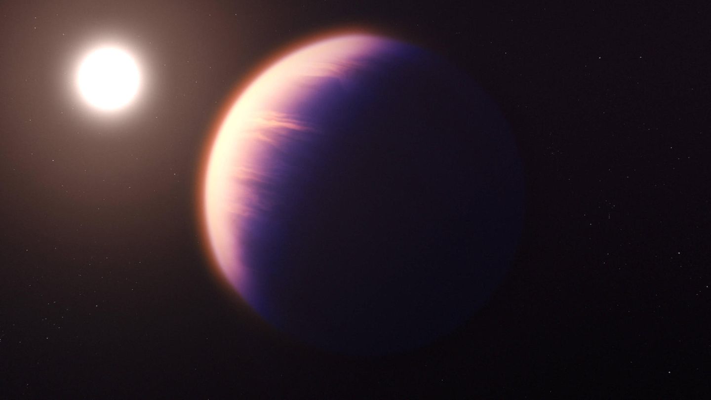 Diese Illustration zeigt, wie der Exoplanent WASP-39 b aussehen könnte. Basis sind Aufnahmen mit dem Nah-Infrarot-Messgerät an Bord des James-Webb-Weltraumteleskops