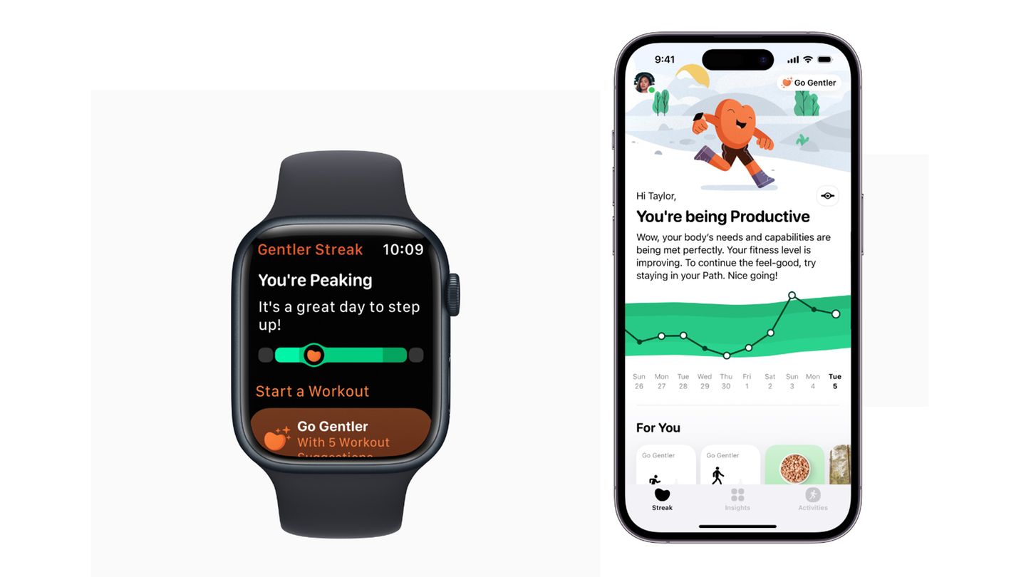 Beste Apple-Watch-App des Jahres: Gentler Streak  Wer mit der Apple Watch trainiert, kennt den inneren Druck, seine Fitness-Streak zu halten. Doch im Urlaub oder am Wochenende soll man auch mal abschalten dürfen, fanden die vier slowenischen Entwickler:innen von "Gentler Streak". Ihre Apple-Watch-App geht auf dieses Bedürfnis ein und macht die Pausen zum Teil des Training-Zyklus. Apple sah das aber nicht als Konkurrenz - sondern als beste Watch-App des Jahres.