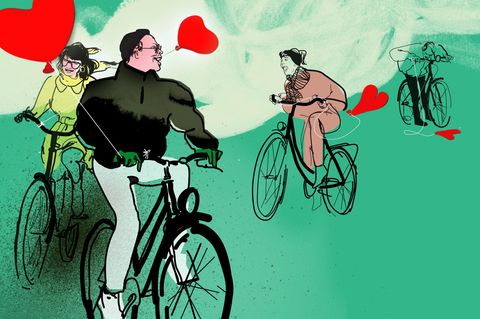 Illustration von Radfahrern mit Herzluftballons