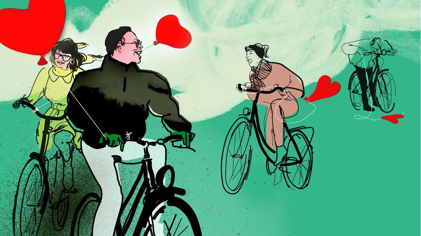 Illustration von Radfahrern mit Herzluftballons