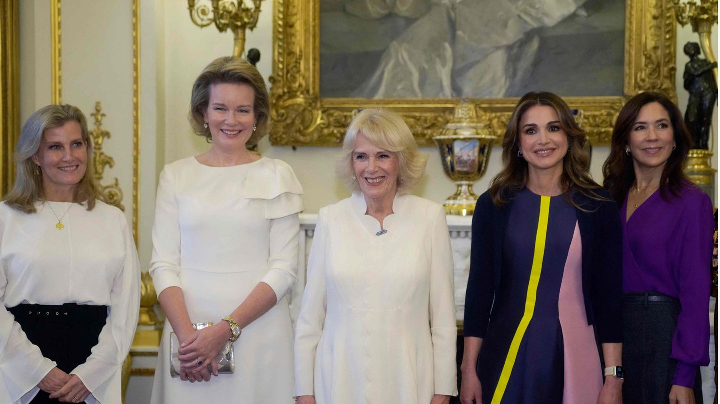 Für ihr Engagement gegen geschlechtsspezifische Gewalt hat Camilla (M.) unter anderem Prinz Edwards Frau Sophie Gräfin Wessex (v.l.n.r.) Königin Mathilde von Belgien, Königin Rania von Jordanien, Kronprinzessin Mary von Dänemark im Buckingham Palace versammelt
