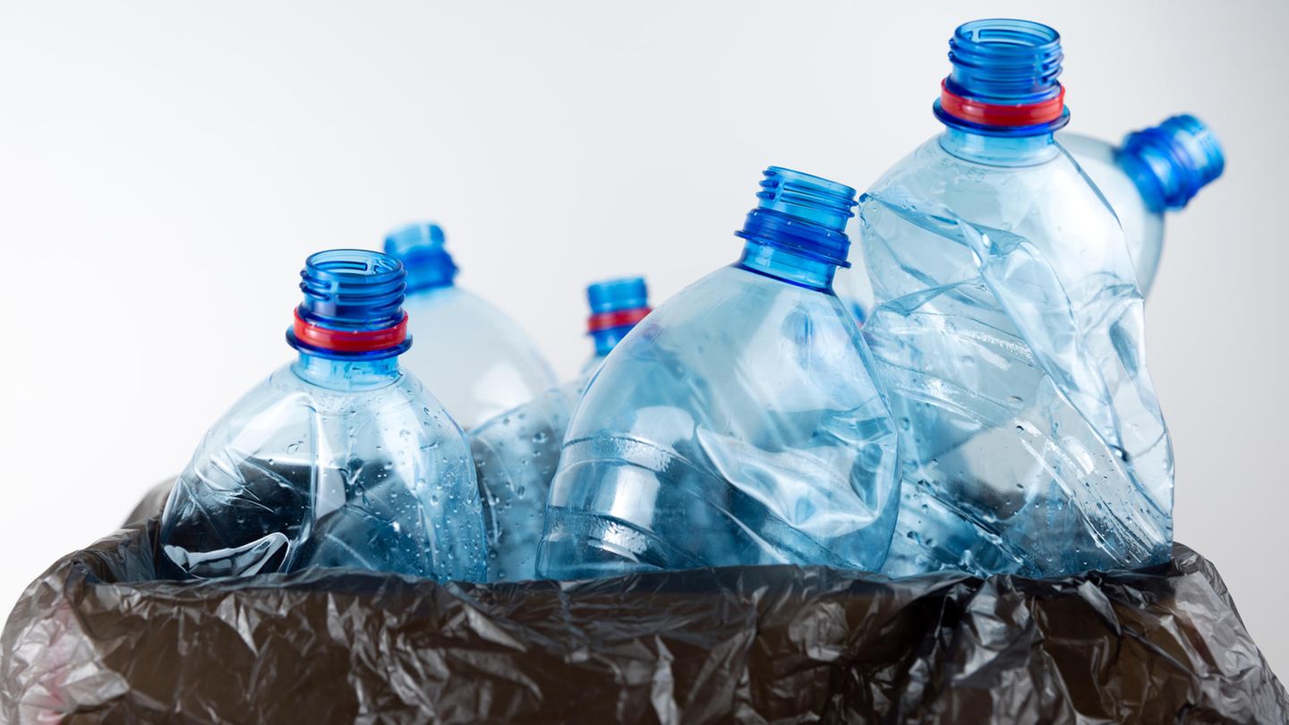 Plastikflaschen ragen aus schwarzem Müllbeutel