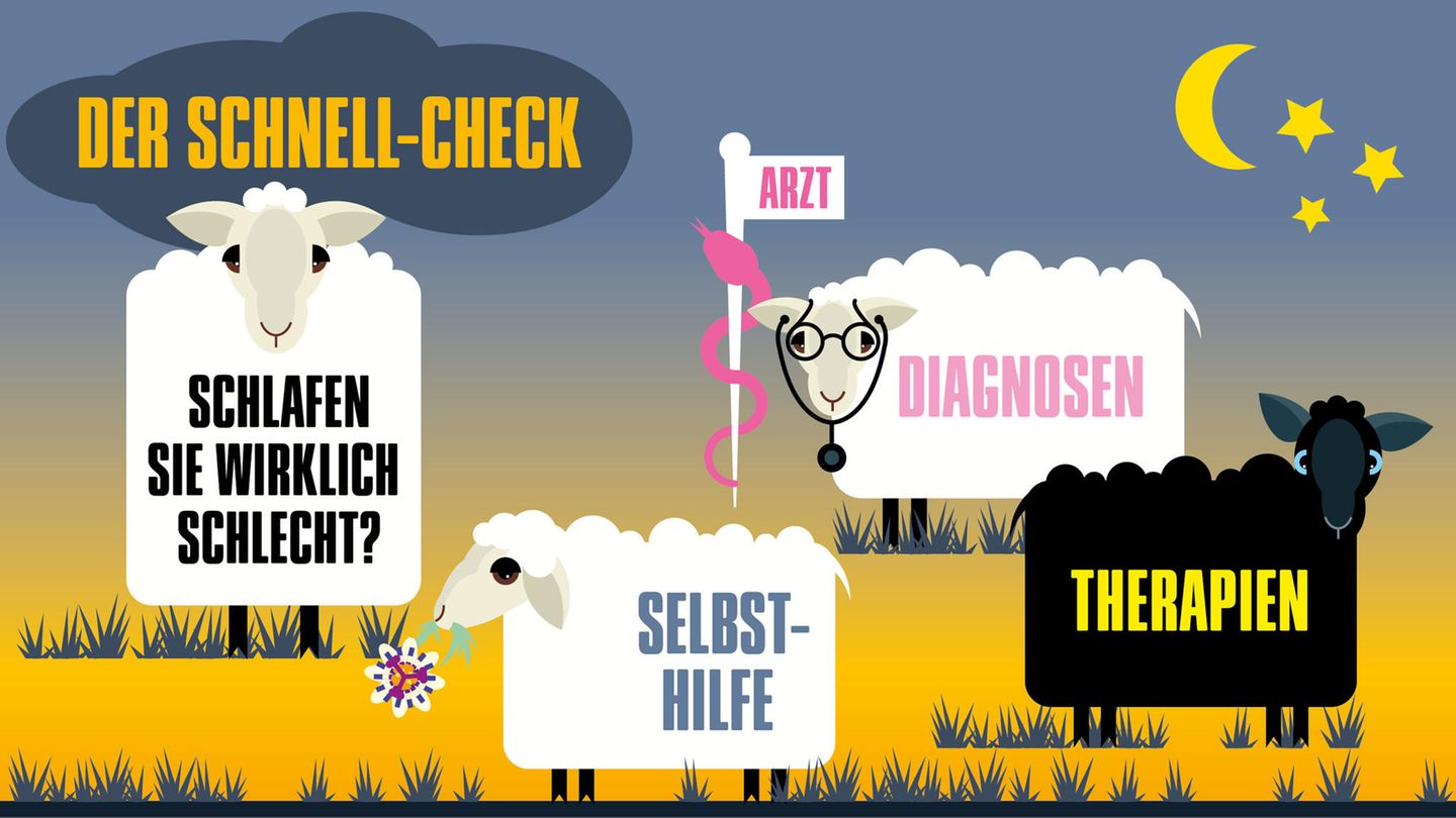 Eine Grafik mit Schafen zeigt die verschiedenen Schlaftherapien an