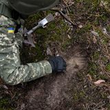 Nachdem der Metalldetektor angeschlagen hat, gräbt ein Ukrainer nach einer Landmine. Neben dem Detektor und einem handelsüblichen Pinsel sind seine wichtigsten Werkzeuge die Hände