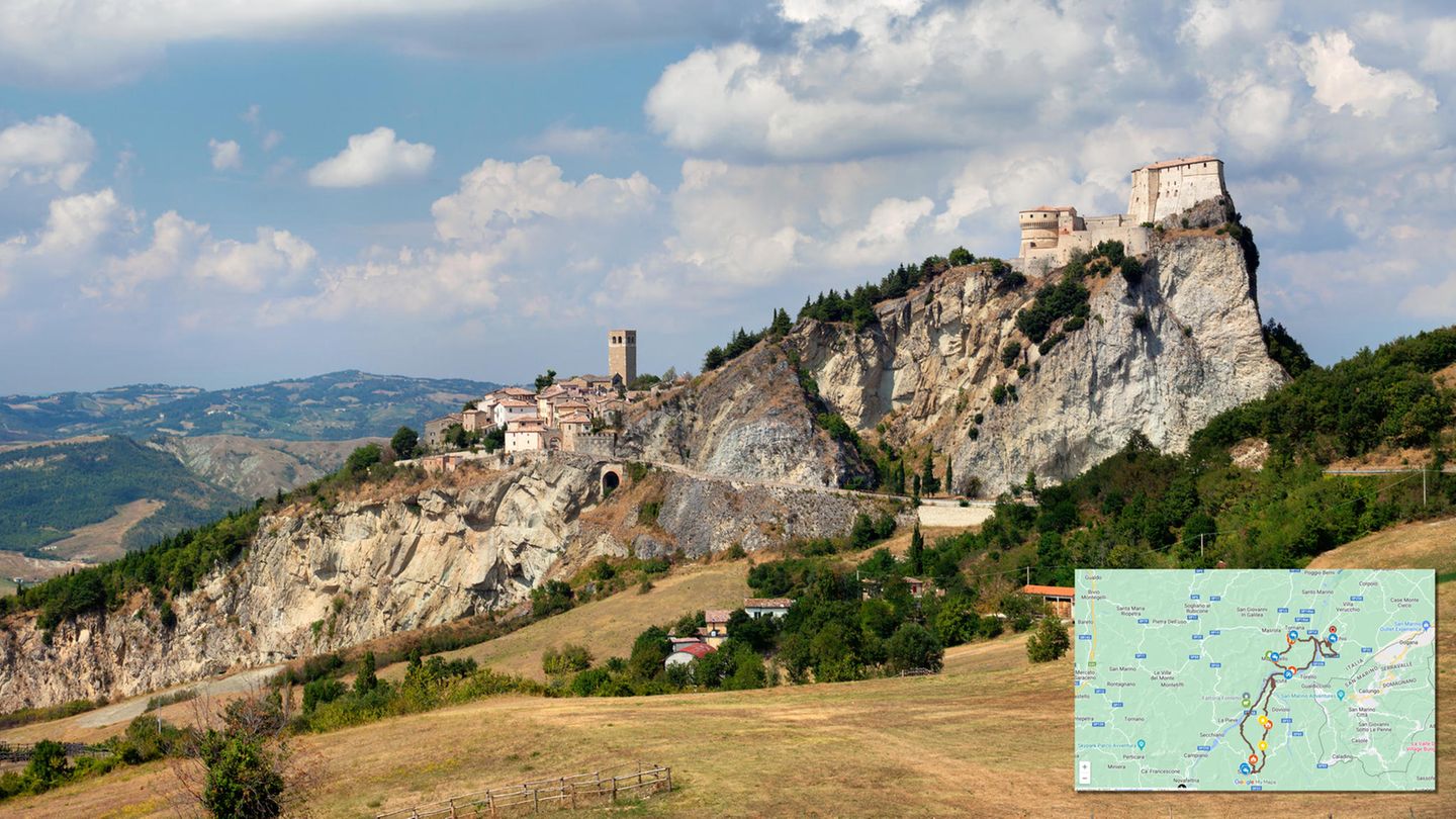 Romantischer wird es nicht: San Leo  Eine wundervolle Rundtour durch das Marecchia-Tal entlang kleiner Dörfer und lieblicher Landschaften. Anstrengend wird es auf den letzten fünf der insgesamt 21 Kilometer langen Tour. Dann geht es stetig bergan bis zum malerischen Ort San Leo. Wie aus dem Fels gehauen, zählt der kleine Ort zu den schönsten Dörfern Italiens. Für die Strecke ist ein Mountain- oder Gravel-Bike am besten geeignet. Gravel-Bikes sind Tourenräder mit dickeren Reifen, ideal für Schotterpisten. Bergab geht es dann über viele Serpentinen.