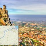 Italien satt: Von Riccone nach San Marino  Wer sich genug in Europas größtem Wasserpark in Riccone erholt hat, schwingt sich auf das Rad und fährt diese schöne Tour von der Küste ins gut 25 Kilometer entfernte San Marino. Liegt der Trubel der Küstenstadt einmal hinter einem, wird es schnell ländlich. Nicht wundern, wenn GoogleMaps einem keine für das Rad optimierte Route anzeigt, es gibt keine. Die schmalen Landstraßen sind wie so häufig in Italien zugleich der Radweg. Nach etwa wie Dritteln der Strecke beginnt der Anstieg. Es geht hoch auf gute 800 Meter. Lohn der Mühe ist eine grandiose Aussicht über die sanften Hügel der Emilia-Romagna und das Meer. Bergauf gibt es für Wanderer und Mountainbiker auch eine Nebenstrecke durch den Wald. Wer sich die Qual ersparen will, setzt sich unterhalb von Citta Di San Marino in die Drahtseilbahn.