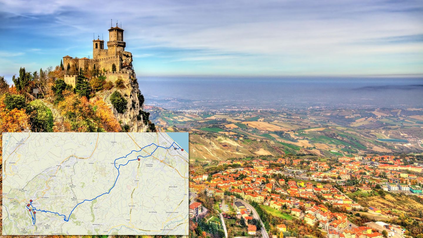 Italien satt: Von Riccone nach San Marino  Wer sich genug in Europas größtem Wasserpark in Riccone erholt hat, schwingt sich auf das Rad und fährt diese schöne Tour von der Küste ins gut 25 Kilometer entfernte San Marino. Liegt der Trubel der Küstenstadt einmal hinter einem, wird es schnell ländlich. Nicht wundern, wenn GoogleMaps einem keine für das Rad optimierte Route anzeigt, es gibt keine. Die schmalen Landstraßen sind wie so häufig in Italien zugleich der Radweg. Nach etwa wie Dritteln der Strecke beginnt der Anstieg. Es geht hoch auf gute 800 Meter. Lohn der Mühe ist eine grandiose Aussicht über die sanften Hügel der Emilia-Romagna und das Meer. Bergauf gibt es für Wanderer und Mountainbiker auch eine Nebenstrecke durch den Wald. Wer sich die Qual ersparen will, setzt sich unterhalb von Citta Di San Marino in die Drahtseilbahn.