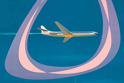 Mit Einsetzen des Jet-Zeitalters änderte Air France auch das Plakat-Design: Jean Colin lässt den Betrachter durch ein symbolisches Flugzeugfenster auf die Caravelle blicken. Der zweistrahlige französische Jet war ab 1959 für Air France im Einsatz.