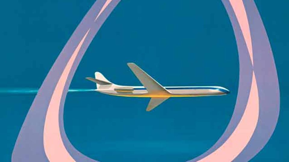 Mit Einsetzen des Jet-Zeitalters änderte Air France auch das Plakat-Design: Jean Colin lässt den Betrachter durch ein symbolisches Flugzeugfenster auf die Caravelle blicken. Der zweistrahlige französische Jet war ab 1959 für Air France im Einsatz.