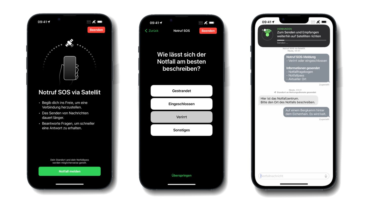 Mit einem Fragebogen führt das iPhone durch den Satelliten-Notruf