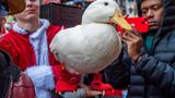 Teilnehmer der SantaCon halten eine Ente in den Händen