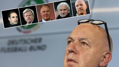 DFB-Präsident Bernd Neuendorf, Oliver Mintzlaff, Oliver Kahn, Karl-Heinz Rummenigge, Rudi Völler und Matthias Sammer
