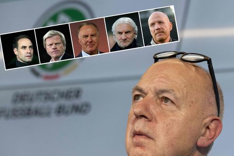 DFB-Präsident Bernd Neuendorf, Oliver Mintzlaff, Oliver Kahn, Karl-Heinz Rummenigge, Rudi Völler und Matthias Sammer