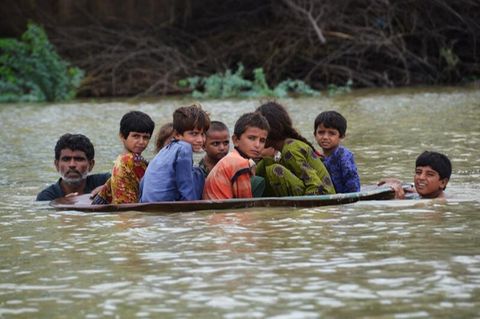 Extrem starker Monsunregen verwandelt in Pakistan Ende August Flüsse in reißende Ströme und führt zu verheerenden Überschwemmungen. Die Regenfälle halten über mehrere Wochen an - mehr als Tausend Menschen kommen dabei ums Leben. In der besonders getroffenen Region Jafarabad bringen ein Mann und ein Junge Kinder in einer Satellitenschüssel in Sicherheit.