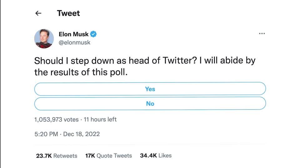 Umstrittener Chef: Soll ich gehen? Musk lässt über seinen Rücktritt als Twitter-Geschäftsführer abstimmen Umstrittener Chef: Soll ich gehen? Musk lässt über seinen Rücktritt als Twitter-Geschäftsführer abstimmen