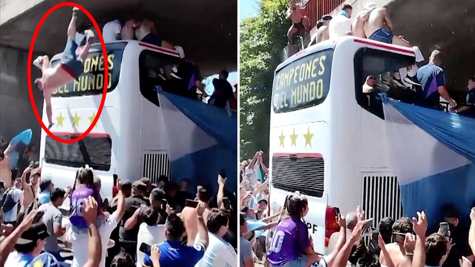 Bei WM-Jubelfeier: Knapp daneben: Fan verfehlt beim Sprung offenen Bus der argentinischen Nationalelf
