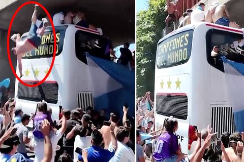 Bei WM-Jubelfeier: Knapp daneben: Fan verfehlt beim Sprung offenen Bus der argentinischen Nationalelf