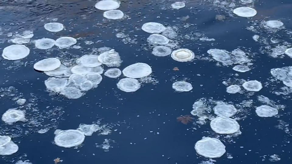 Schwimmt hier Müll im Fluss? Nein, bei den Bildern handelt es um ein seltsames Eis-Phänomen Schwimmt hier Müll im Fluss? Nein, bei den Bildern handelt es um ein seltsames Eis-Phänomen