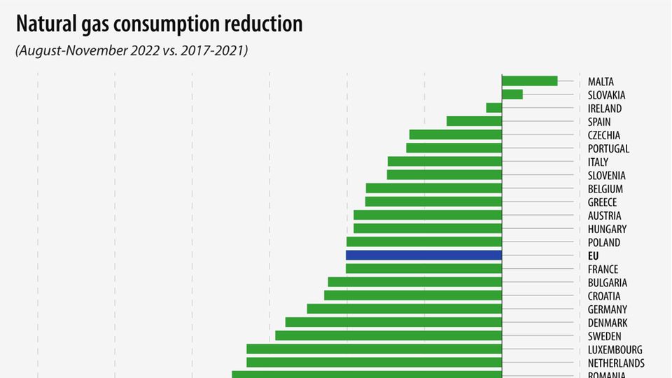 Ein Balkendiagramm zeigt die Gas-Einsparungen von 26 europäischen Staaten sowie der EU als Durchschnitt