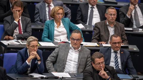 Getrübte Stimmung: Blick in die AfD-Bundestagsfraktion mit den Vorsitzenden Alice Weidel und Tino Chrupalla (zweite Reihe an den Rändern)