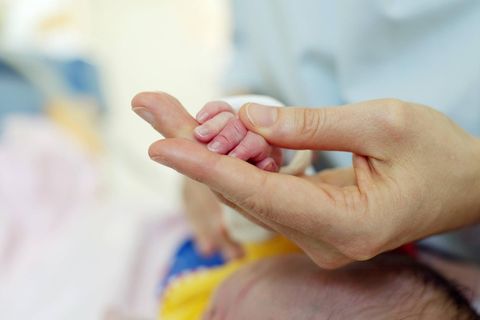 Eine Hand hält die Hand eines Frühchens