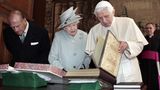 Pope Benedict XVI death. File photo dated 16/09/10 of The Duke of Edinburgh looking on (left) as Queen Elizabeth II talks with Pope Benedict XVI exchange gifts during an audience in the Morning Drawing Room at the Palace of Holyroodhouse in Edinburgh. Pope Emeritus Benedict XVI has died, the Vatican has announced. Issue date: Saturday December 31, 2022. See PA story DEATH Benedict.