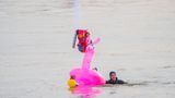 Mainz, Deutschland. Ein Teilnehmer schwimmt mit einem rosa Schwimm-Einhorn im Rhein. Zum 50. Mal wird das Abschwimmen der Feuerwehr dieses Jahr zelebriert, rund 200 erwartete Teilnehmer starten auf der Höhe des Fischtorplatzes auf die gut zwei Kilometer lange Strecke bis zum Feldbergtor. 
