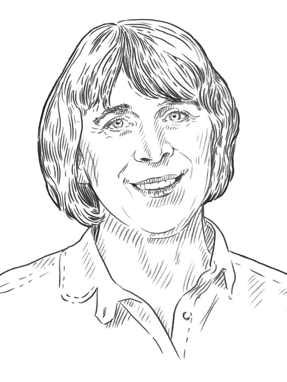Illustration von Barbara Schmitz. Eine Frau mit kinnlangem Haar, die lächelt.