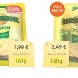 Kandidat 2: Leerdammer Original  "Neuer Inhalt" verspricht der grüne Sticker auf der neuen Leerdammer-Packung, als ob das etwas Gutes wäre. "Weniger Inhalt" wäre treffender gewesen. Da gleichzeitig auch der Preis stieg, ist der Käse laut Verbraucherzentrale Hamburg jetzt 43 Prozent teurer. Die Verbraucherschützer monieren zudem, dass Hersteller Lactalis vor zwei Jahren noch mit dem Sprüchlein "+ 1 Scheibe, dauerhaft mehr" geworben hat. Den Käseschwund begründet das Unternehmen damit, dass "Milchpreise im laufenden Jahr in ganz Europa dramatisch angestiegen sind und sich diese Entwicklung massiv auf die Produktionskosten ausgewirkt hat".