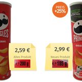 Kandidat 3: Pringles  Wie viele Pringles-Chips in der Röhre stecken sieht man von außen nicht und so dreht Hersteller Kellogg regelmäßig an der Füllmenge. Während die Dose seit über 15 Jahren nahezu unverändert aussieht, steckten über die Jahre schon sieben verschiedene Füllmengen zwischen 165 und 200 Gramm drin, wie die Verbraucherzentrale dokumentiert hat. 2022 notierte sie eine versteckte Preiserhöhung von 25 Prozent. Hersteller Kellogg sagt dazu: "Hin und wieder passen wir unsere Verpackungsgrößen und -formate an, um sicherzustellen, dass wir die richtige Packungsgröße für die unterschiedlichen Vertriebskanäle und Essgewohnheiten der Verbraucher:innen haben."